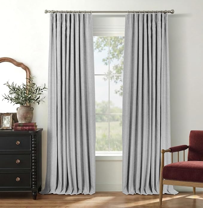 INOVADAY 100% Blackout Curtains for Bedroom Black Out Curtains 96 Inch Long | Grey Curtains for Living Room 2 Panels, Clip Rings Linen Look Blackout Drapes, Thermal Insulated Room Darkening,W50xL96