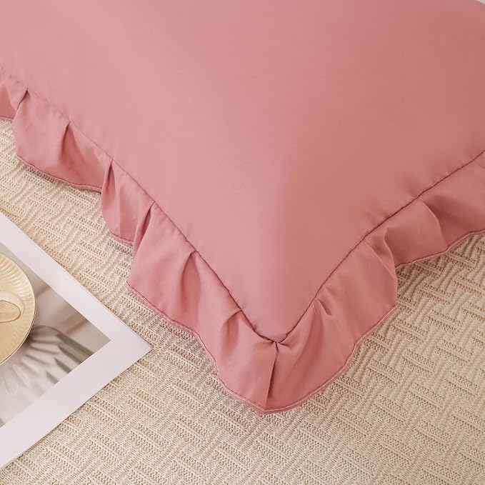 Pink Mocha Pillow Shams Cute Ruffle Queen Pillowcases Solid Pillow Cover Set of 2 Shabby Chic Soft Pink Pillowcases 2 Pack (Queen (20''x30''), Pink Mochae)