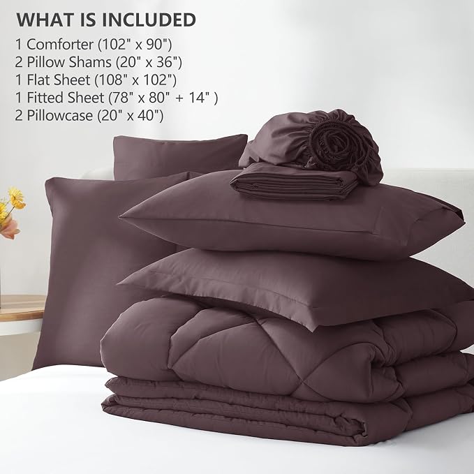 King Size Comforter Set Cocoa Powder - 7 Pieces Bed in a Bag | OEKO-TEX Certified, All Season, 240GSM Down-Alternative Comforter, Sheets, Pillowcases & Shams, 14" Deep Pocket, Easy Care