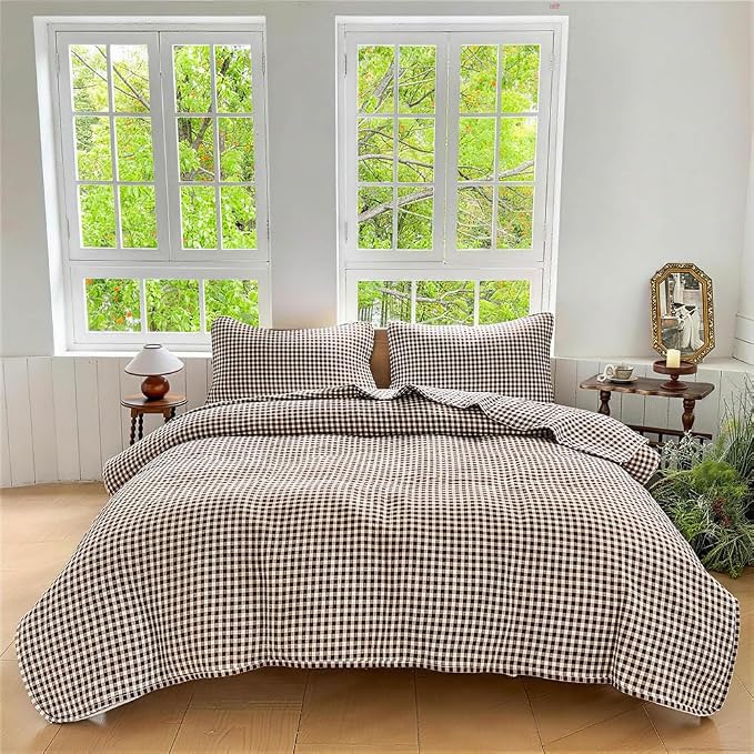 NSNLGSGC Mocha Gingham Queen Summer Bedspread Quilt Set | Pre-washed Microfiber,Lightweight Checked Grid Bedding Coverlets for All Seasons