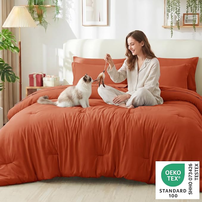 King Size Comforter Set Terracotta, 7 Pieces Bed in a Bag | OEKO-TEX Certified, All-Season, Bedroom, 240GSM Down Alternative Comforter, Flat & Fitted Sheets, 2 Pillowcases & 2 Shams