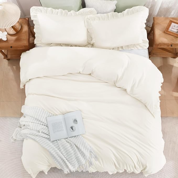Andency Ivory Ruffle Duvet Cover King, Shabby Chic Farmhouse Bedding Set | 3 Pieces Soft Washed Polyester Vintage Ruffled Comforter Cover Set with Zipper Closure & Corner Ties, 104x90Inch