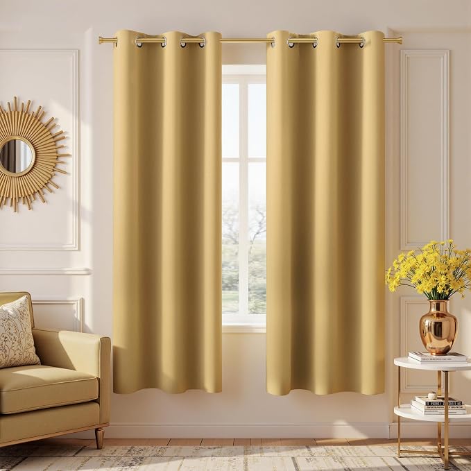 KOUFALL Living Room Curtains 63 Inch Length,2 Panels Thermal Insulated Black Out Room Darkening Blackout Curtains,42x63 in Long,Gold Yellow