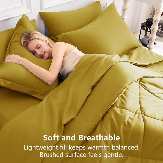 Full Size Comforter Sets Mustard Yellow - 7 Pieces Bed in a Bag | OEKO-TEX Certified, All Season, 240GSM Down-Alternative Comforter, Sheets, Pillowcases & Shams, 14" Deep Pocket, Easy Care