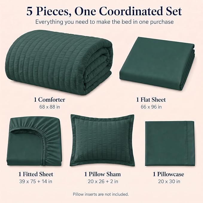 Twin Comforter Set, 5 Pieces Forest Green Seersucker Bed in a Bag | OEKO-TEX Certified, All Season Bedding Sets with 240 GSM Down Alternative Comforter, Flat & Fitted Sheets, Pillowcase & Sham