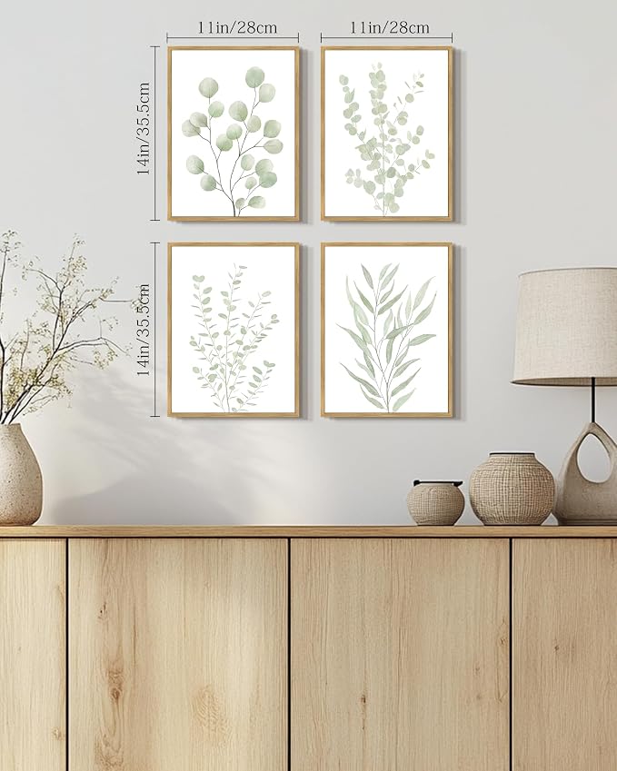 Drsoum Botanical Plant Framed Wall Art Boho Wall Decor for Bathroom Sage Green Eucalyptus Leaf Prints Minimalist Aesthetic Ready to Hang Set of 4, 11x14 in (Natural Framed)