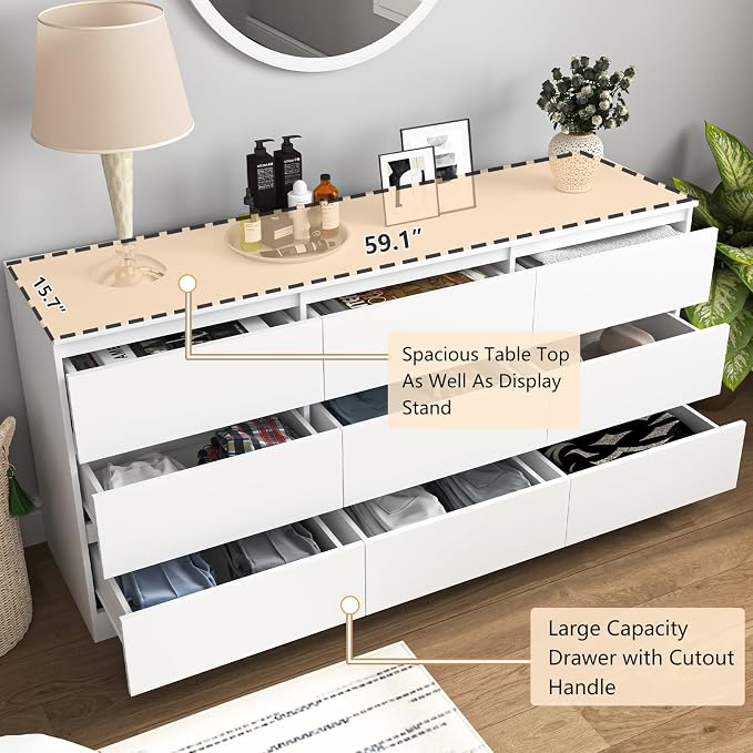 Vibe & Dine White Dresser 9 Drawer, Modern Long Dresser for Bedroom, Wood Chest of Drawers with Wide Storage for Living Room