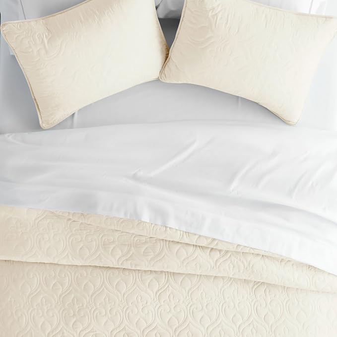 Merit Linens Classic Quilt Coverlet Soft Set in Damask Stitching - Full/Queen Ivory