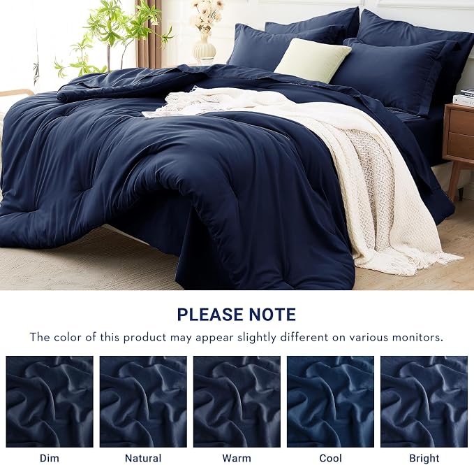 7 Pieces California King Comforter Set, Soft Bed in a Bag Cal King Size, All Season Bedding Set with Comforter, Flat Sheet, Fitted Sheet, Pillowcases & Shams, Navy Blue
