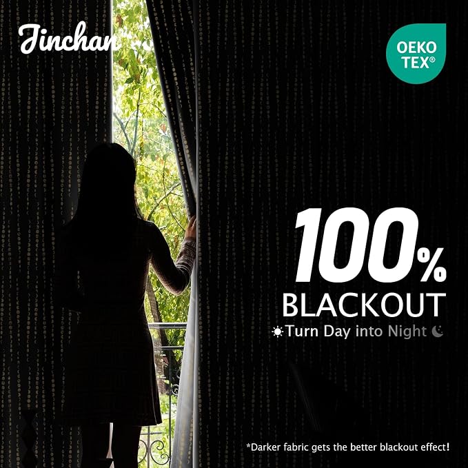 jinchan Boho Blackout Curtains 63 Inch Length Moon Phase Printed Drapes | Gold on Black Farmhouse Curtain for Bedroom Living Room Back Tab Rod Pocket Drapes Room Darkening Window Treatment 2 Panels