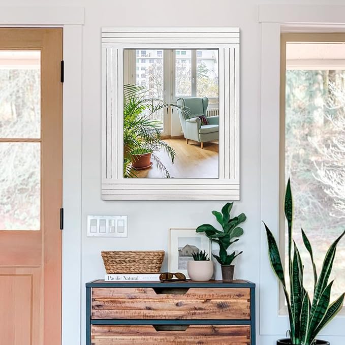 Rustic Wall Mirror, Rectangular Vintage Wood Framed Large Mirror for Living Room, Bathroom, Bedroom & Entrance - White, 26" x 18"