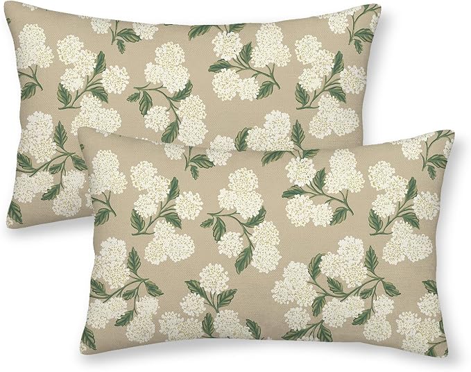 Beige Spring Pillow Covers 12x20 Inch 2 Pcs Khaki Green Hydrangea Flower Decor Throw Pillows Vintage Floral Seasonal Summer Outdoor Decoration Pillowcase Linen Cushion Cover for Couch Sofa