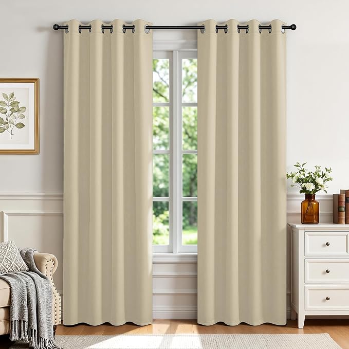 Joydeco Blackout Curtains 90 Inch Length 2 Panels Set, Thermal Insulated Long Curtains& Drapes 2 Burg, Room Darkening Grommet Drapes for Bedroom Living Room Window (Light Beige, W52 x L90 Inch)