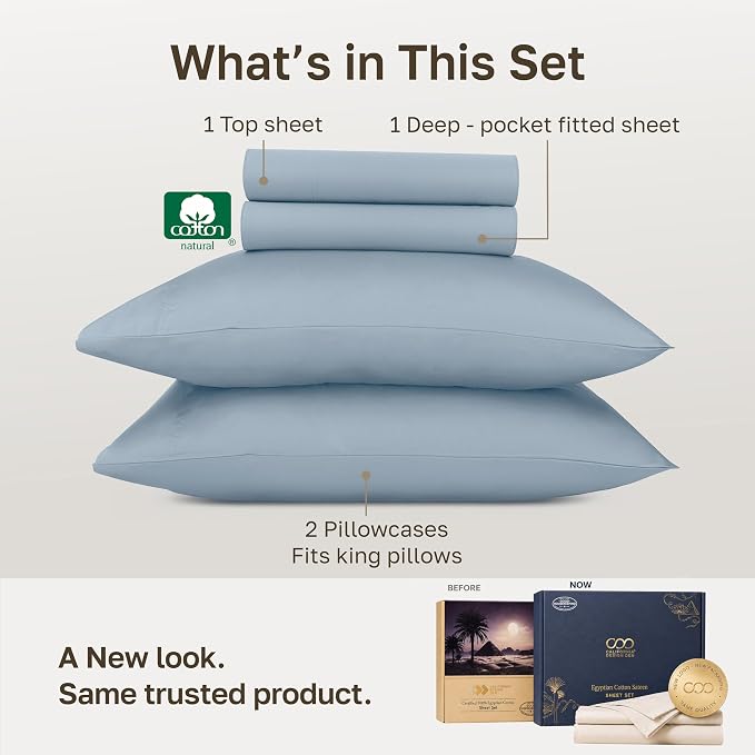 California Design Den 100% Egyptian Cotton King Size Deep Pocket Sheets Set | Backed by Good Housekeeping Seal, Light & Airy Soft Sateen, 16" Deep Pocket, All-Around Elastic, 4pc Set - Steel Blue