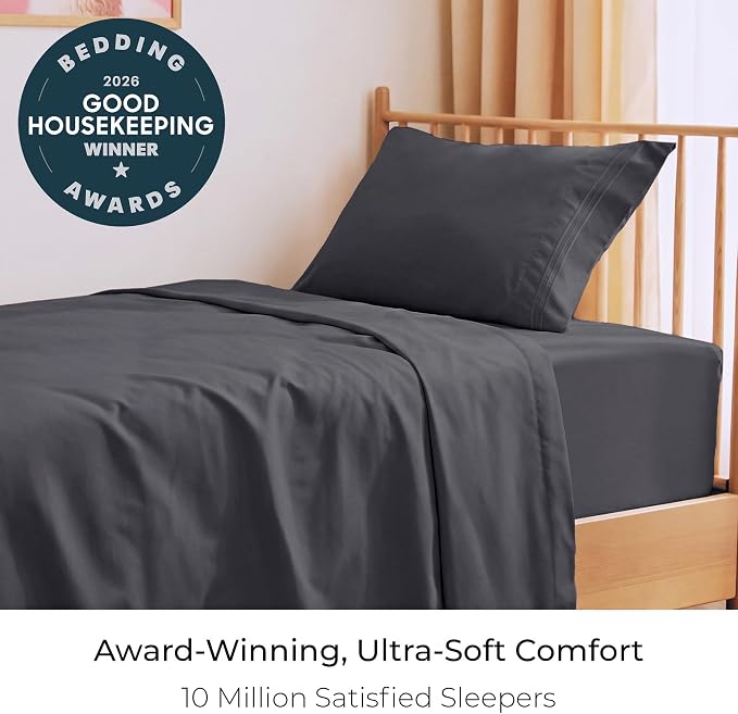 Mellanni Iconic 3-Piece, Ultra Soft Sheet Set (Twin XL, Charcoal) | 10M+ Sleepers. Lab-tested: Sleeps Cool, Stays Bright, Strong, Smooth. Good Housekeeping Best Bedding, 7 yrs running.