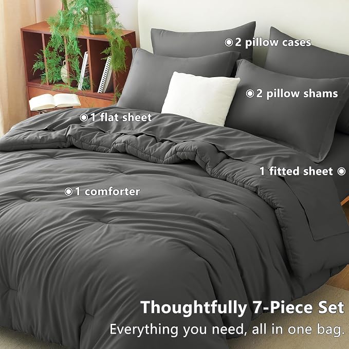 Full Size Comforter Set Dark Grey, 7 Pieces Bed in a Bag | OEKO-TEX Certified, All-Season, Bedroom, 240GSM Down Alternative Comforter, Flat & Fitted Sheets, 2 Pillowcases & 2 Shams