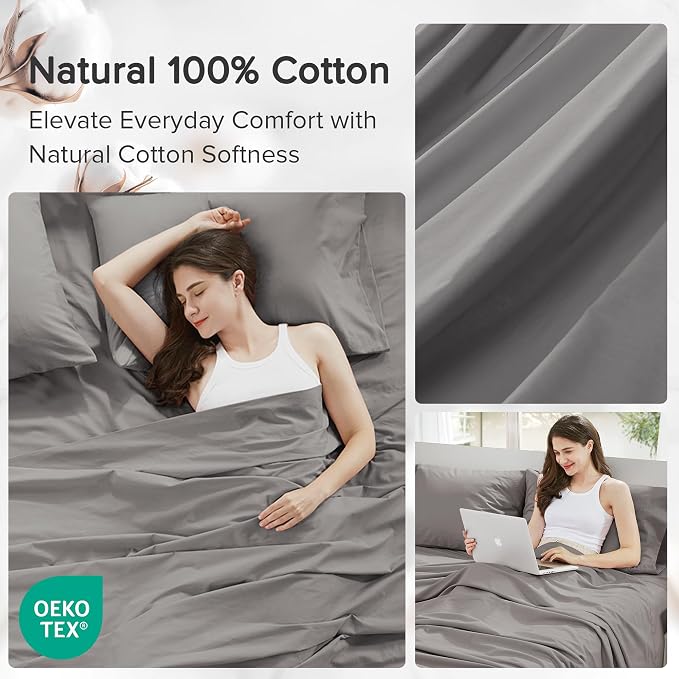 Comfort Spaces 100% Cotton Percale Sheets Cal King Size 4 Pcs, Dark Gray | Crisp, Cool & Breathable Bed Sheets, 14" Deep Pocket Fits Up to 16" Mattress, Lightweight, All Season Cozy, with Pillow Case