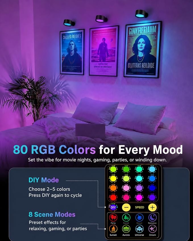 LED Wall Mounted Lights, Rechargeable Wall Sconces, 3 Color Temps, Remote & Touch, 360° Rotating and Dimmable for Bedroom, Bedside & Reading (Black-RGB, 2 Pack)