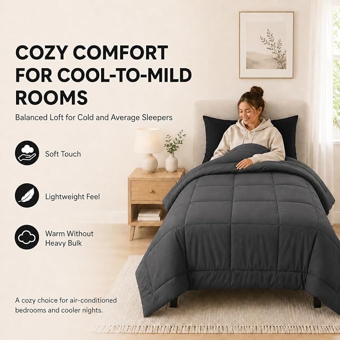 Twin Comforter Set Dark Grey - 5 Pieces Bed in a Bag | OEKO-TEX Certified, All-Season, Student, Single, Dorm, Down-Alternative Comforter, Flat & Fitted Sheets, 2 Pillowcases