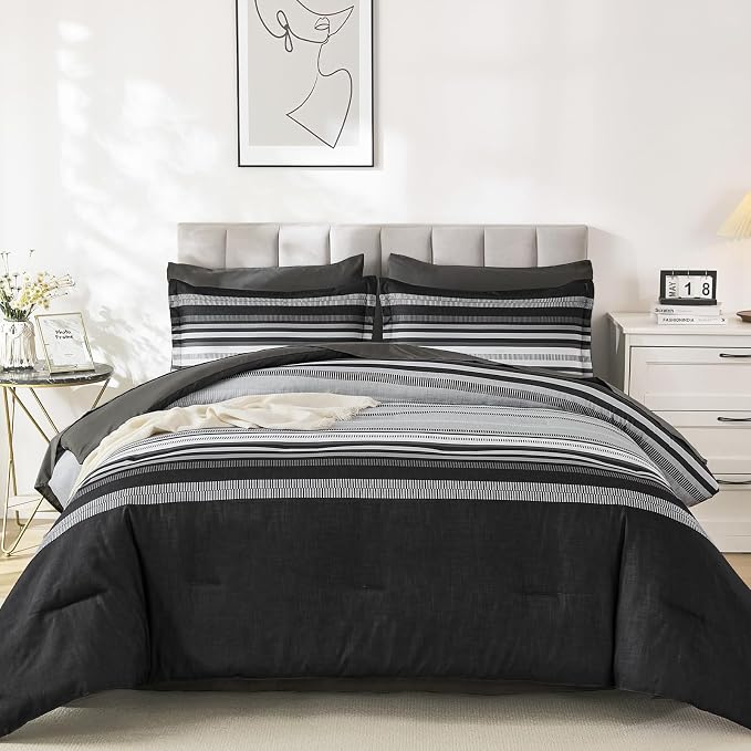 Dobuyly Grey Comforter Set King Size 7 Piece, Boho Striped Bed in a Bag King Soft Microfiber Dark Gray Bedding Sets with Comforter, Sheets, Pillowcases & Shams All Season