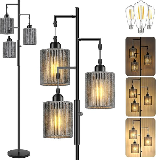 Hotsonic 72" Boho Rattan Tree Floor Lamp, Tall Dimmable Industrial Standing Lamp, Corner Decor Accent Lighting for Living Room, Bedroom, Dining Room, Nursery, Cafe (3 x 800LM Bulbs Included) - Black