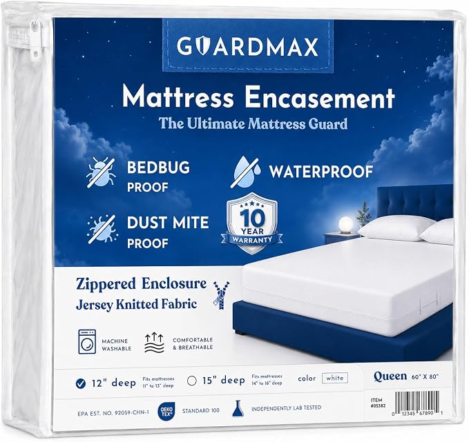 Guardmax Queen Mattress Protector Cover Zippered | 100% Waterproof Bed Bug Encasement | Soft, Hypoallergenic and Breathable | Queen Size (60"x80")