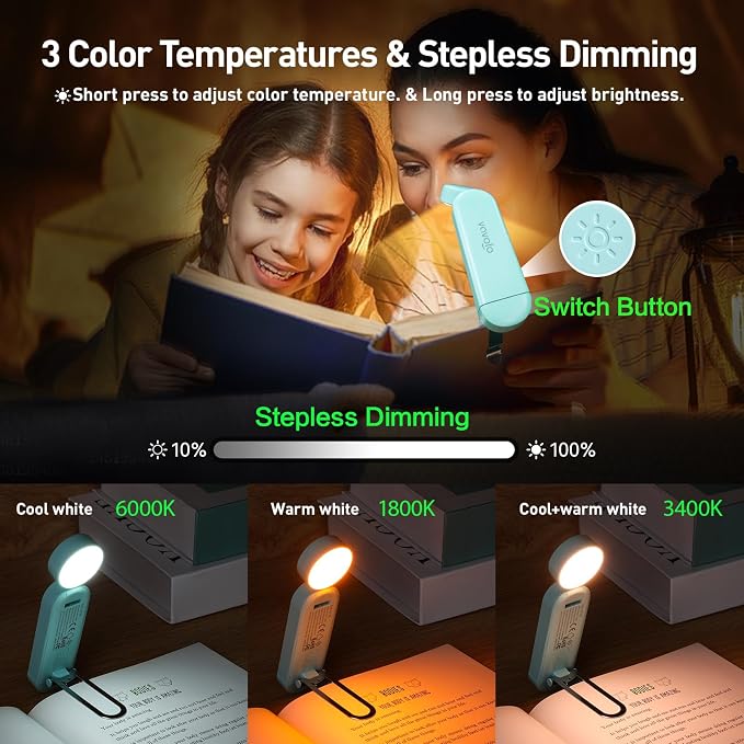 VAVOFO USB Rechargeable Book Light, Bookmark Clip on LED Reading Light | 3 Colors 9 Lighting modes clip on book light, Eye Care Glow for Bed Reading, Christmas Gift for Bookworms, Book Accesories
