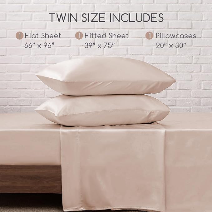 MR&HM Satin Sheets Twin Size with Elastic Corner Straps, Champagne | Similar to Silk, 3-Piece Silky Soft Bed Sheet Set, Gentle on Skin and Hair, 15" Deep Pocket, Cooling & Breathable