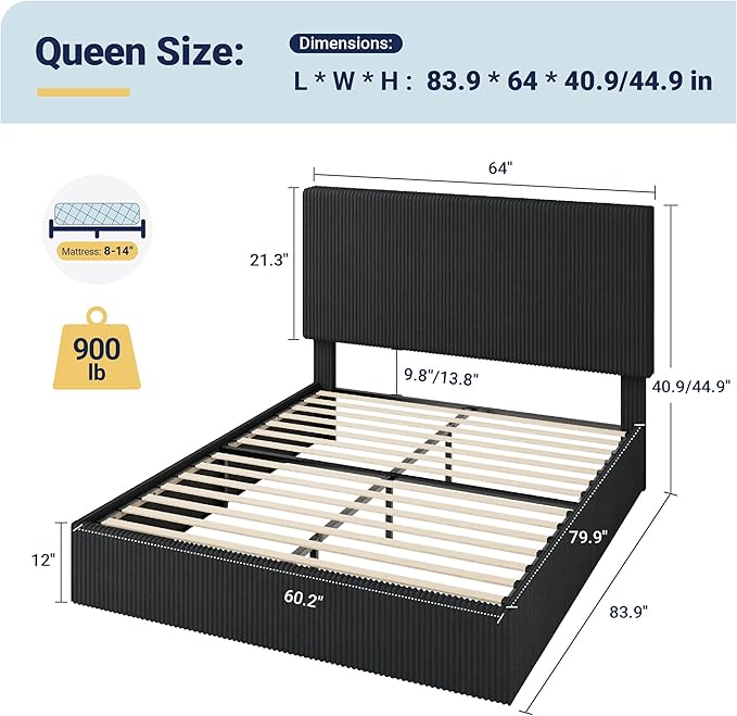 Allewie Queen Bed Frame, Adjustable Corduroy Headboard, Platform, Black | Adjustable Headboard, Corduroy Fabric, Low Profile, Wooden Slats, 900 lb Capacity, No Box Spring Needed