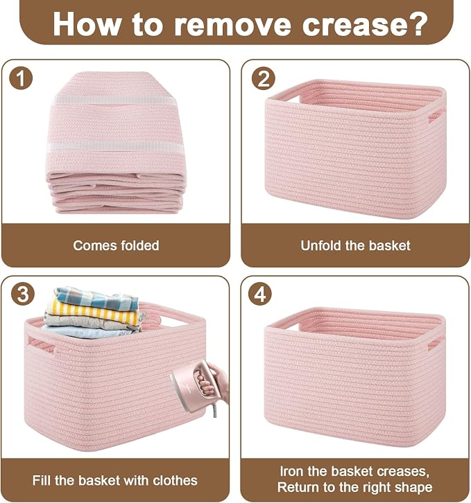 OIASKET 4Packs Natural Cotton Rope Storage Baskets for Organizing Toys, Clothes, Towels & Books, Soft Versatile Organizers for Shelves, Home Decorative Bins, 13''Lx9''Wx7.8''H, Pink