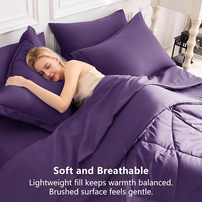 Full Size Comforter Sets Purple - 7 Pieces Complete Bedding Set | OEKO-TEX Certified, All Season, 240GSM Down-Alternative Comforter, Sheets, Pillowcases & Shams, 14" Deep Pocket, Easy Care