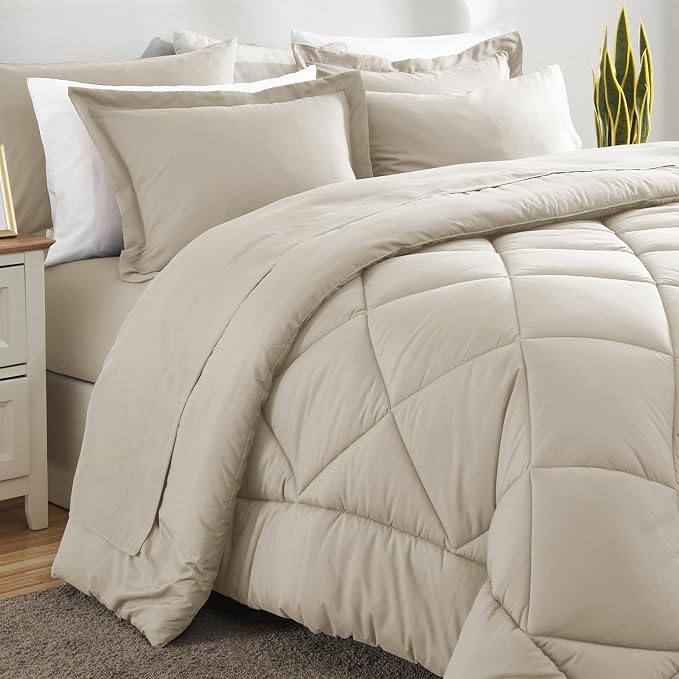 Queen Comforter Set with Sheets Oatmeal - 7 Pieces Bed in a Bag | OEKO-TEX Certified, All Season, 240GSM Down-Alternative Comforter, Sheets, Pillowcases & Shams, 14" Deep Pocket, Easy Care