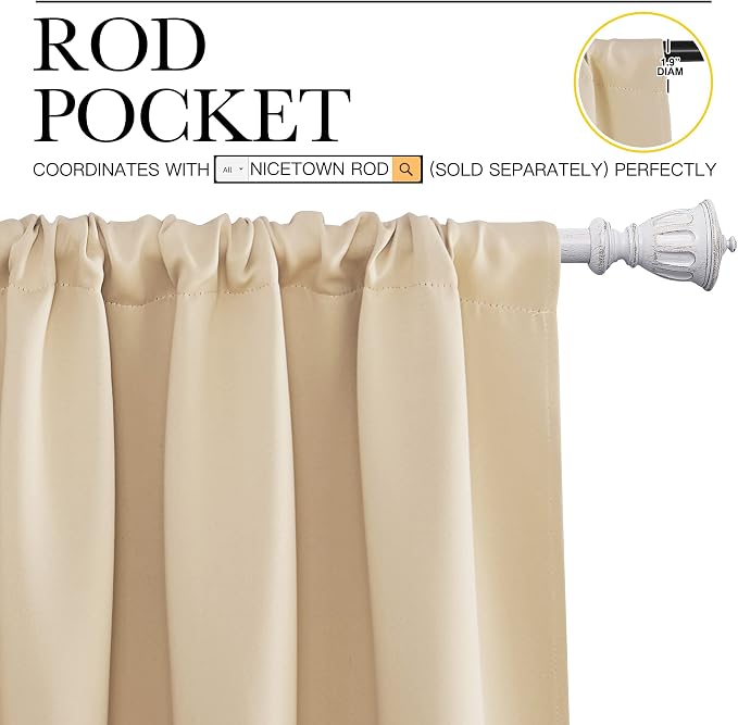 NICETOWN Biscotti Beige Blackout Curtains for Window 34" w x 54" L 2 Panels | Home Decoration Light Noise Reducing Thermal Insulated Draperies with Rod Pocket Top, Light Blocking Noise Reducing Decor