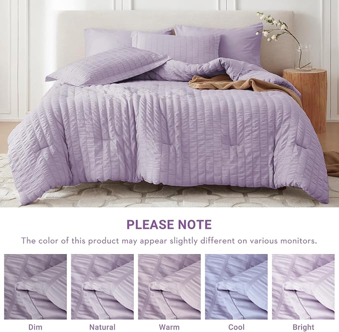 5 Pieces Twin XL Comforter Set, Seersucker Bed in a Bag Twin XL Size, All Season Luxury Bedding Set with Comforter, Flat Sheet, Fitted Sheet, Pillowcase & Sham, Lavender