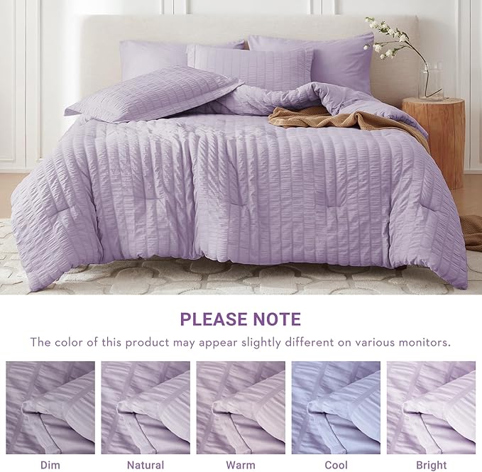5 Pieces Twin Comforter Set, Seersucker Bed in a Bag Twin Size, All Season Luxury Bedding Set with Comforter, Flat Sheet, Fitted Sheet, Pillowcase & Sham, Lavender