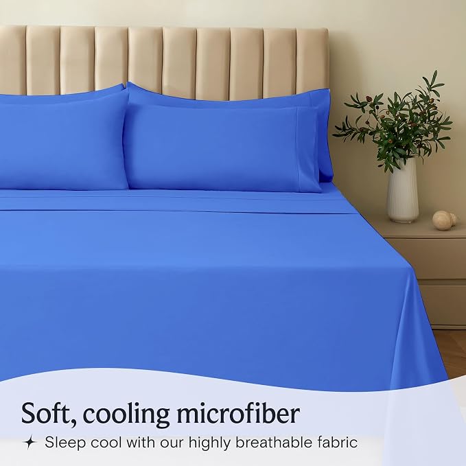 LuxClub Full Size Sheets, Cooling & Soft Deep Pocket Bed Sheets, 4PC | LuxClub Silky Fitted Sheet & Pillowcase Sets, Breathable Hotel Luxury Bedding for Mattress Wrinkle Free, Marine Blue