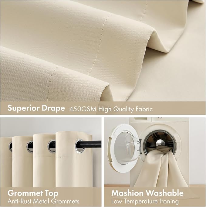 MIULEE Cream Beige 100% Blackout Curtains for Bedroom 90 Inch Long | 2 Thick Layers Thermal Insulated Window Curtains with Black Liner, Noise Reducing Grommet, Drapes for Living Room, 2 Panels