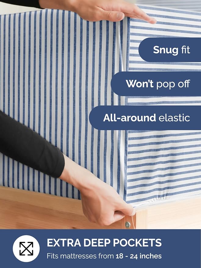 Extra Deep Cal King Sheet Set - 4 Piece Breathable & Cooling - Blue Stripes | Easily Fits 18 to 24 inch Mattress, Ultra Soft, Wrinkle & Fade Free with Extra Deep Pockets, Comfy Hotel Luxury Bedding