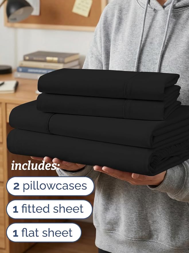 Twin XL 4 Piece Sheet Set - College Dorm Room Essentials - Black | Ultra Soft Dorm Bedding Set, 8" to 16" Inch Deep Pockets, 1 Flat & 1 Fitted Sheet & 2 Pillowcases, Wrinkle & Fade Free