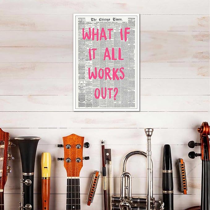 Drimiler What If It All Works Out Poster Retro Newspaper Pink Font Canvas Wall Art Positive Affirming Quote Minimalist Prints Painting For Home Bedroom Dorm Wall Decor 24x36in Unframed