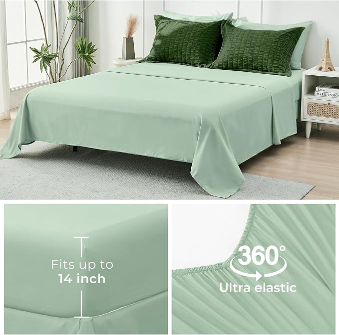 HYMOKEGE Dark Green/Sage Green Oversized Queen Comforter Set Seersucker 7 Pieces, All Season Luxury Bed in a Bag for Bedroom, Bedding Set with Comforter, Sheets, Pillowcases & Shams