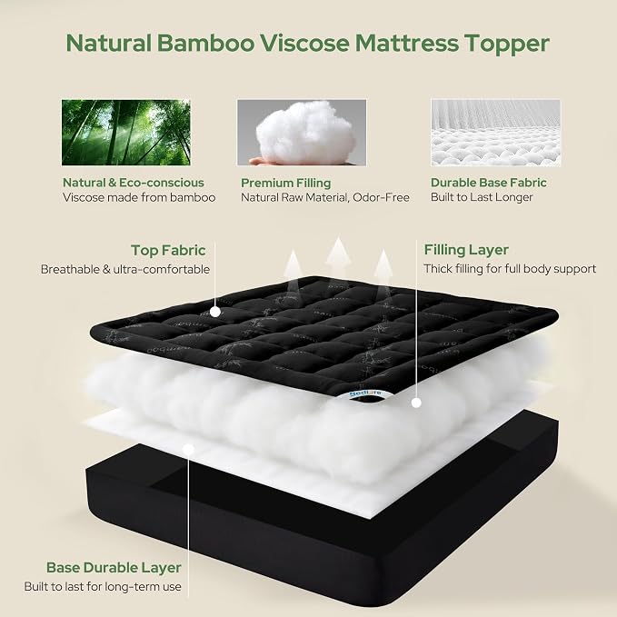 BEDLORE Queen Mattress Topper Viscose Bamboo, Thick Pillow Top Mattress Pad | Stretchable Pockets Fit 6”-18” Mattress, Soft Breathable Mattress Topper for Back Pain Relief and Hot Sleepers(Black)