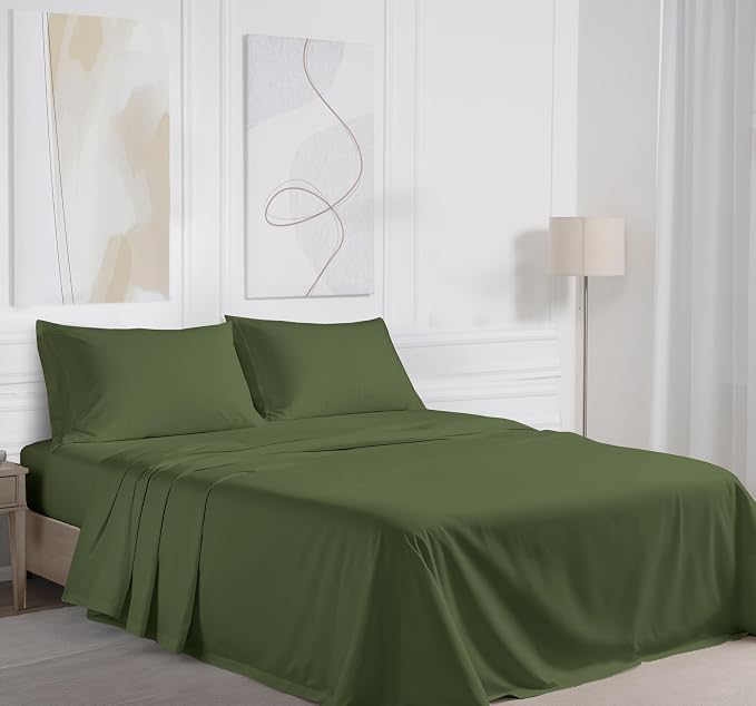 RUVANTI 100% Cotton Percale Sheets Queen Size, Chive | Crisp Cooling, Deep Pocket 16", Soft Breathable & Durable, Hotel-Style, 4 Piece Set