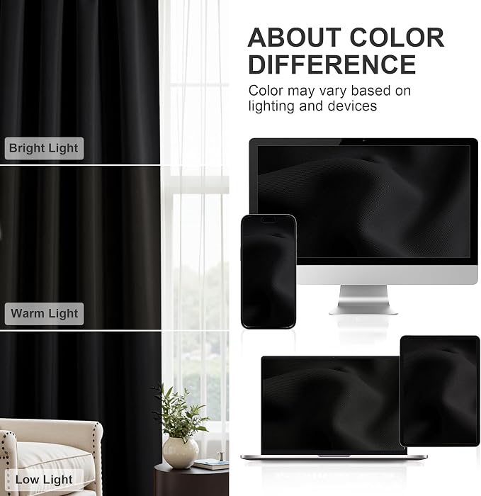 PONY DANCE Black Out Curtains 72 inch Long, Black, 2 Panels | Blackout Solid Rod Pocket Thermal Insulated Panels for Bedroom Living Room, Energy Efficient Window Drapes, 42"W x 72"L