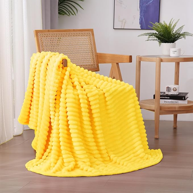 Bright Yellow Fleece Throw Blanket 60”×80” for Couch Sofa Livingroom | Super Soft Cozy Plush Microfiber Flannel Bed Blanket Striped Design Lightweight Home Decor Gifts for Adults Mom Women