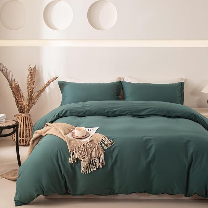 OAITE Duvet Cover Set 100% Washed Cotton Solid 3pcs | Soft,Durable,Long-staple Cotton,Hidden Zipper with 8 Interior Corner Ties,2 Pillowcases