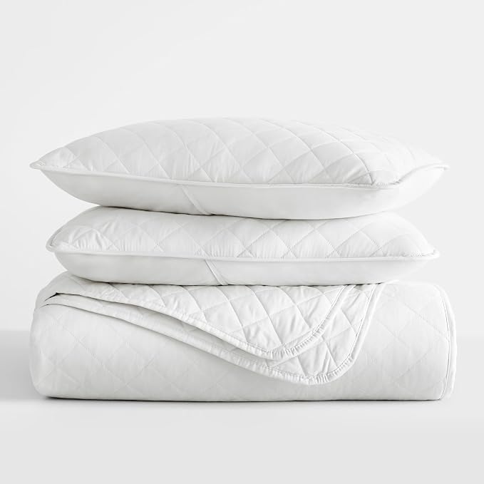 Merit Linens Modern Quilt Coverlet Soft Set in Diamond Stitching - Full/Queen White