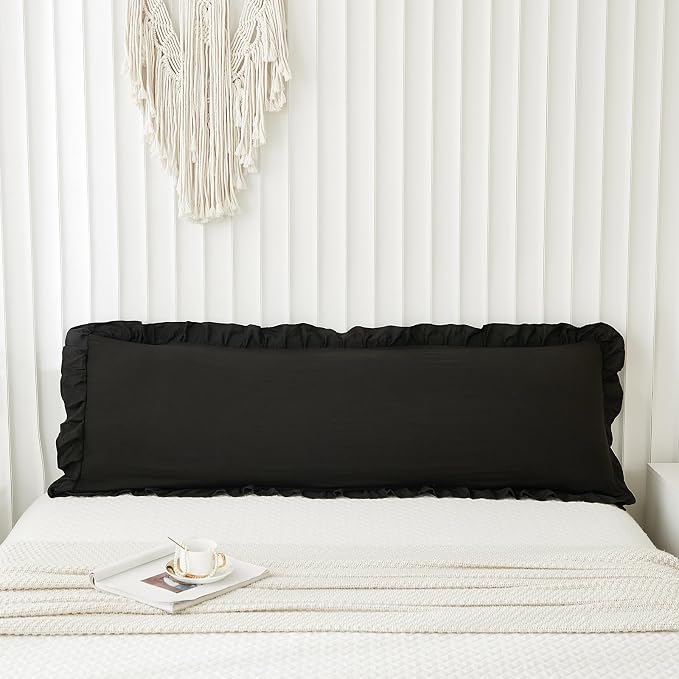 Black Body Pillow Cover 20x54inches Long Pillowcase Ruffled Pillowcases Shabby Chic Ruffled Fringe Decor Body Ruffled Pillow Sham Cute Pillowcase (1 Body, Black)