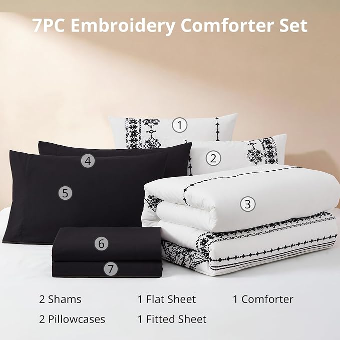 MaiRêve Queen Comforter Set Embroidery Floral 7 Pieces Bed in a Bag | Frost White Boho Farmhouse Bedding Sets with Comforter, Sheets, Pillowcases & Shams