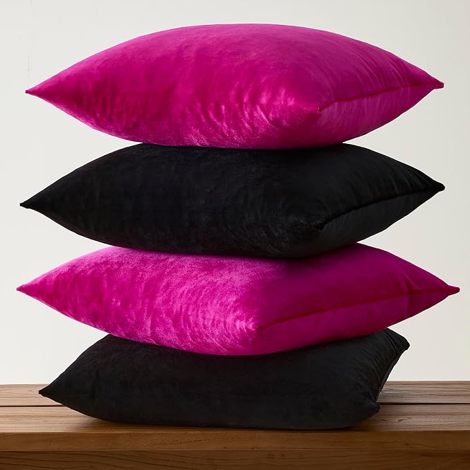GIGIZAZA Pack of 4 Decorative Velvet Pillow Covers 18x18 Black Hot Pink | Throw Pillows for Couch Sofa,280gsm Soft Textured Fabric,Modern Accent Pillowcases,Luxury Living Room Cushion Covers